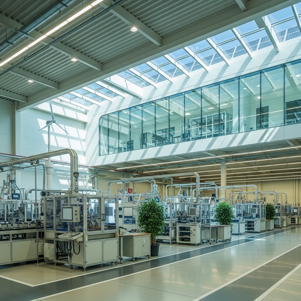 Modern sustainable manufacturing facility using technology for energy efficiency and eco-friendly production